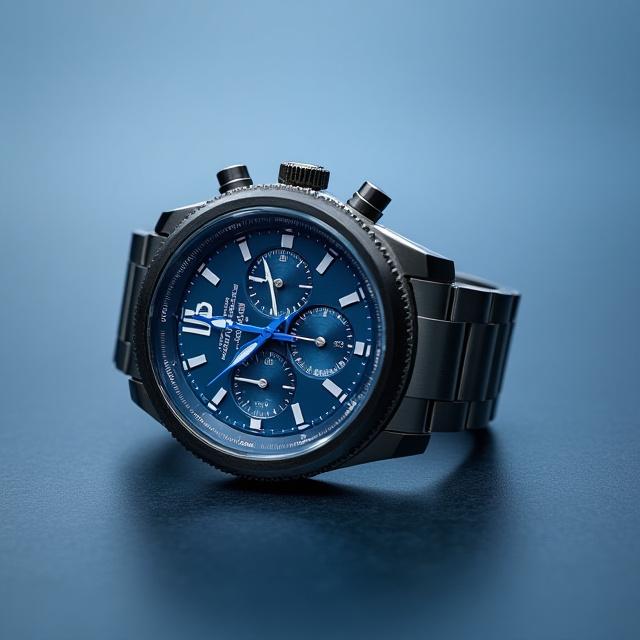 A stainless steel Juniper Chronograph with blue subdials on a grey background.