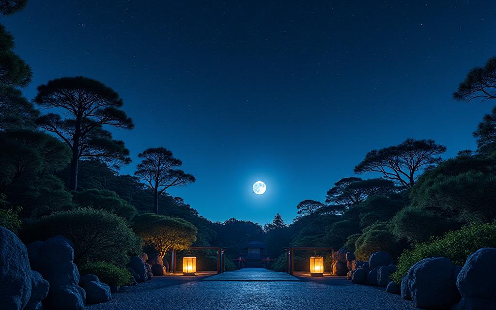 星空の下に佇む静かな日本庭園