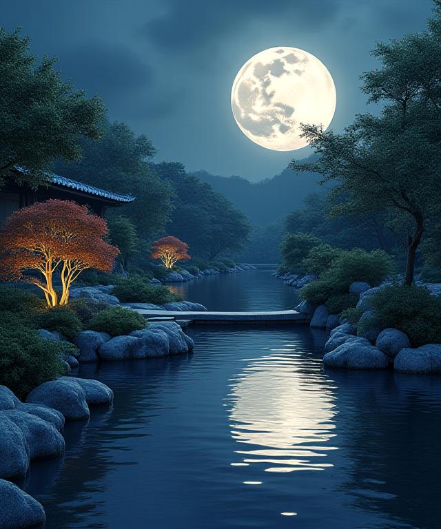 水面に月が映り込む庭園の設計図