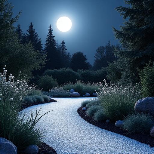 月明かりに照らされた白い砂利の庭